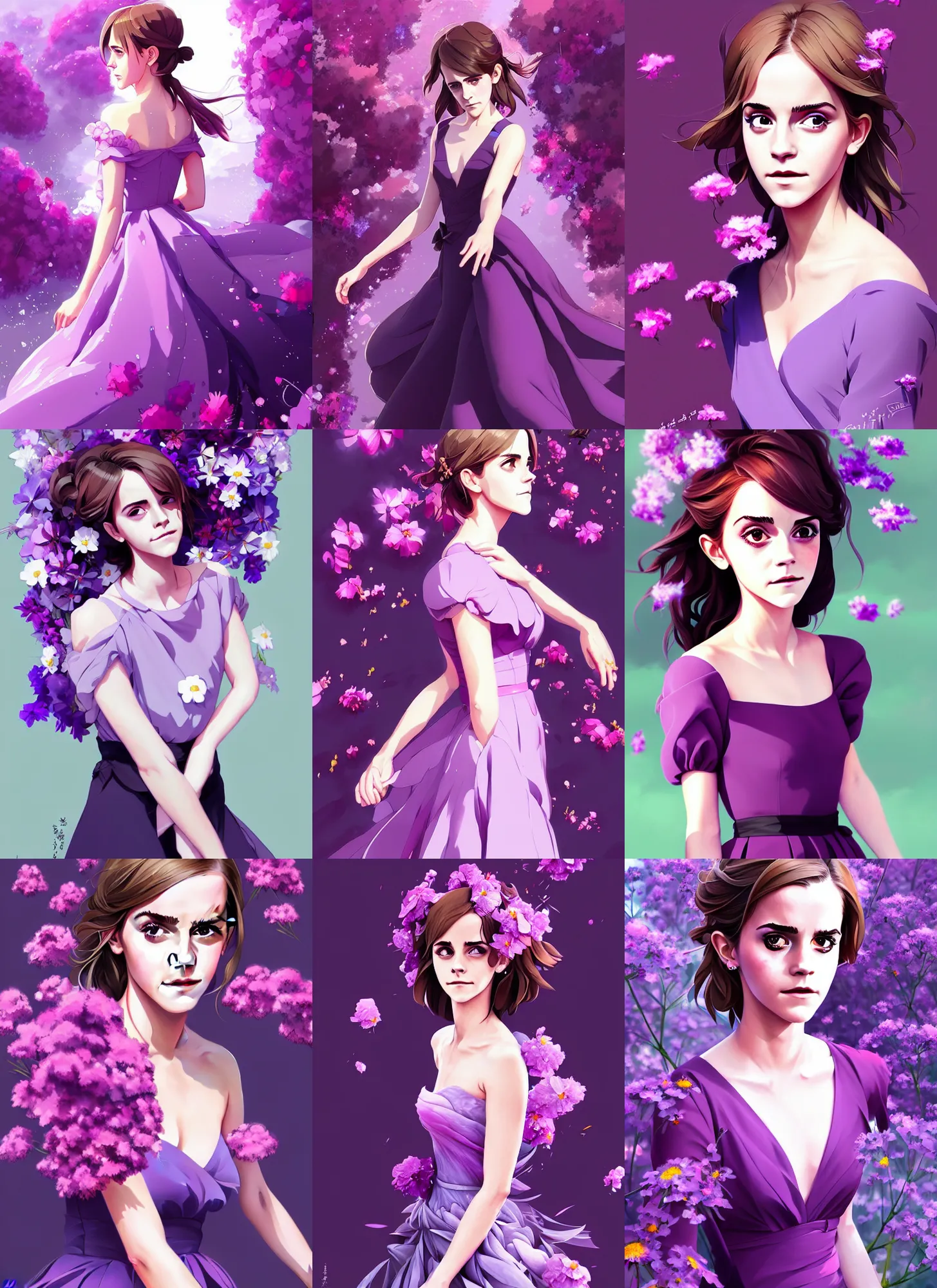 Prompt: emma watson in purple dress, flower explosion, portrait shinkai makoto studio ghibli studio key hideaki anno sakimichan stanley artgerm lau rossdraws james jean marc simonetti elegant highly detailed digital painting artstation pixiv