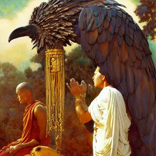 Image similar to giant crow worshipped by buddhist monks, painting by gaston bussiere, craig mullins, j. c. leyendecker, lights, art by ernst haeckel, john william godward, hammershøi,,