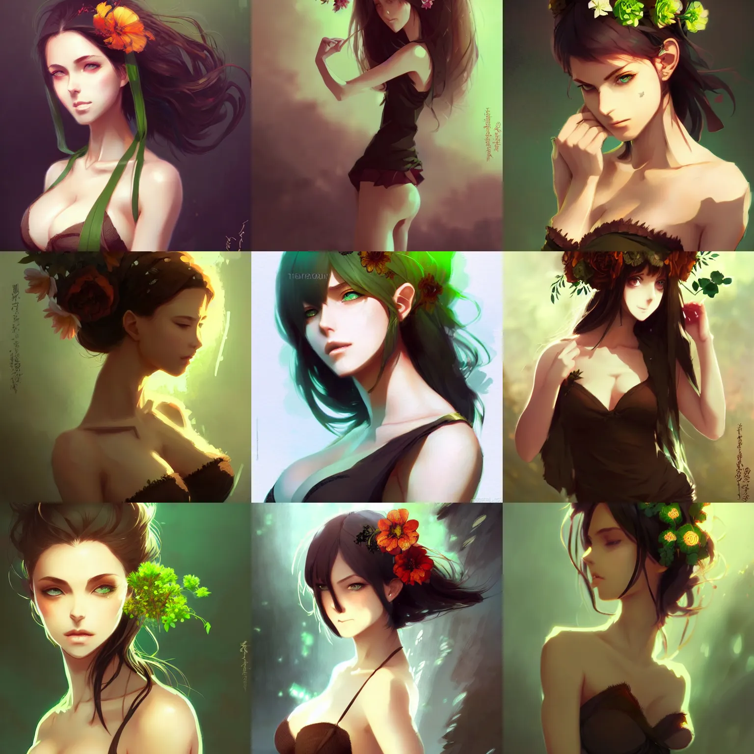 Prompt: sexy woman with green eyes, hot, flower in her hair, wearing a camisole, black and brown colors, in the style of greg rutkowski, high quality anime artstyle, intricate