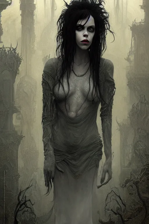 Image similar to portrait of fairuza balk as death of the endless, the sandman, grey clothes, in persian temple wet night, sci - fi and fantasy, intricate and very very beautiful and elegant, highly detailed, digital painting, artstation, concept art, smooth and sharp focus, illustration, art by tian zi and wlop and alphonse mucha