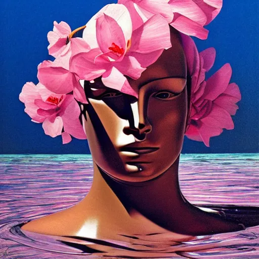 Prompt: Syd Mead, award winning masterpiece with incredible details, Syd Mead, a surreal vaporwave vaporwave vaporwave vaporwave vaporwave painting by Syd Mead of an old pink mannequin head with flowers growing out, sinking underwater, highly detailed Syd Mead