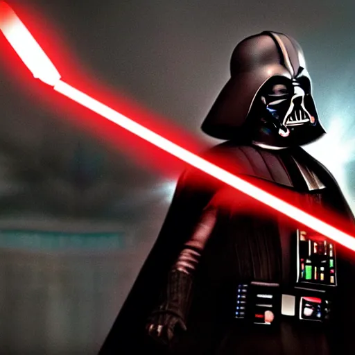 Prompt: Ryan Gosling pierce Darth Vader with a lightsaber , hyper realistic, 4k, 8k, cinematik