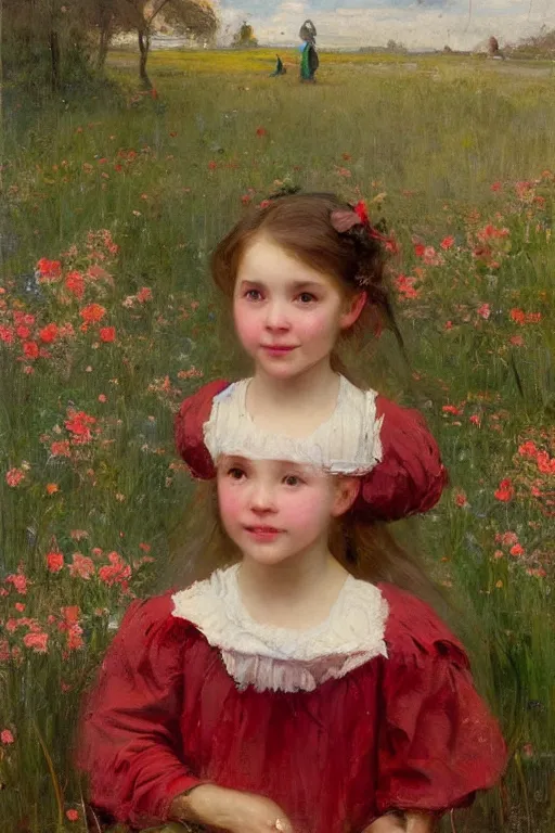 Image similar to Solomon Joseph Solomon and Richard Schmid and Jeremy Lipking victorian genre painting portrait painting of a happy young village girl in an open field of flowers, red background