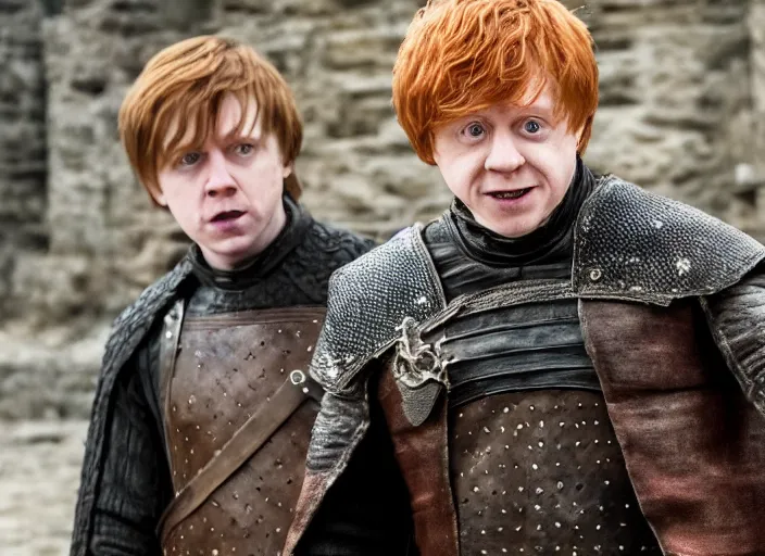 Image similar to hands - on ron weasley as thehnellor in game of thrones, attractive rupert grint as thehnellor in game of thrones, handsome portrait of the actor, live action film, cinematic photo, clear hd image