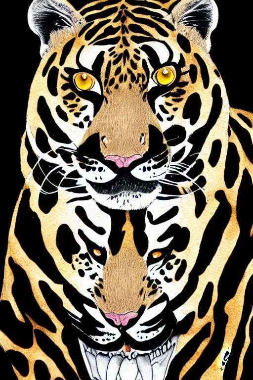 Prompt: 8K UHD tigerpunk leopard panther, long wavy fur, bright eyes, long fangs, medium full shot, colored asian ink drawing, anime, cartoon, Korean folk art
