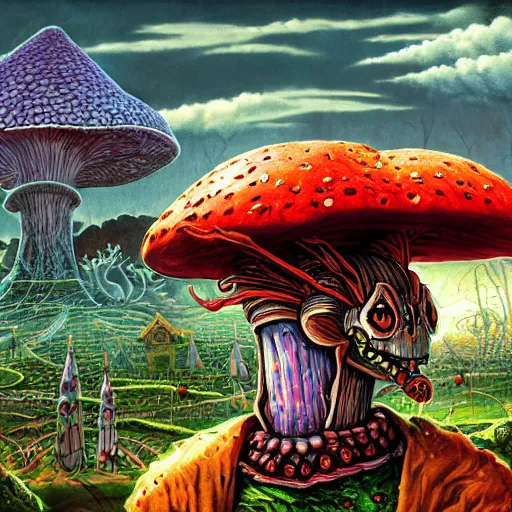 Image similar to 4 k headshot portrait of a psychedelic demonic anthropomorphic insect knight with mushroom themed clothes, magic mushroom village in background by jeff easley, award winning, stylized neon, post - processing, masterpiece, superb resolution. in the art style of junji ito and greg rutkowski. detailed mushroom city in background. hyper realistic anime. perfect art. dalle 2