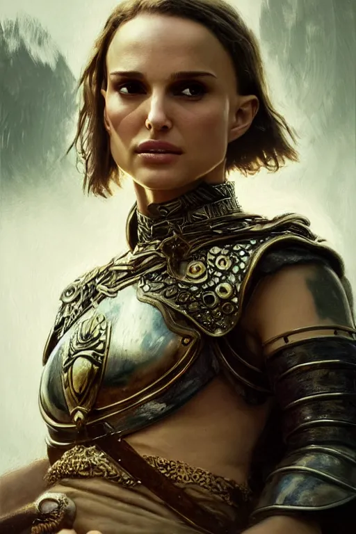 Image similar to natalie portman, legendary warrior, heroic, lord of the rings, tattoos, decorative ornaments, battle armor, by carl spitzweg, ismail inceoglu, vdragan bibin, hans thoma, greg rutkowski, alexandros pyromallis, perfect face, fine details, realistic shading photorealism