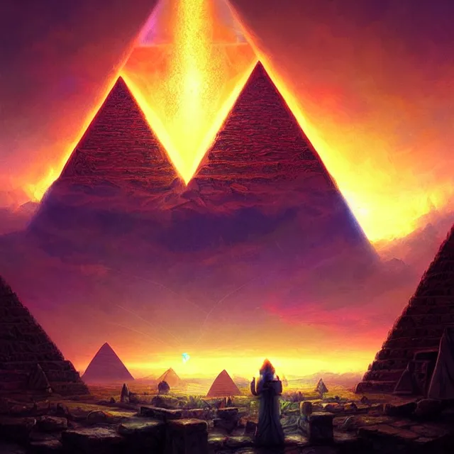 Image similar to the illuminati eye opening up from an orb above a pyramid, a fantasy magical landscape seen in the distance, atmospheric lighting, intricate, volumetric lighting, beautiful, sharp focus, ultra detailed, in the art style of marc simonetti, bowater charlie and brom gerald, astrophotography