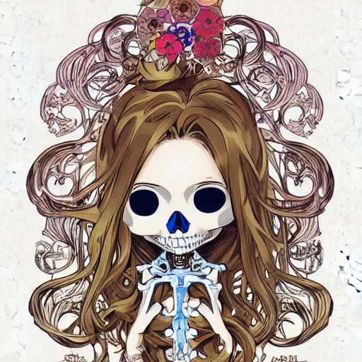 Image similar to anime manga skull portrait woman face flowing hair skeleton illustration style by Alphonse Mucha and Takashi Murakami pop art nouveau