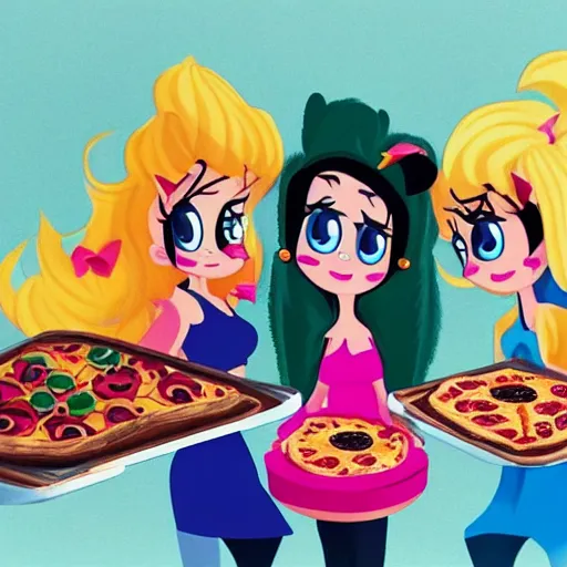 Image similar to powerpuff girls eating pizza, highly detailed, epic lighting, hyper photorealism, 8 k