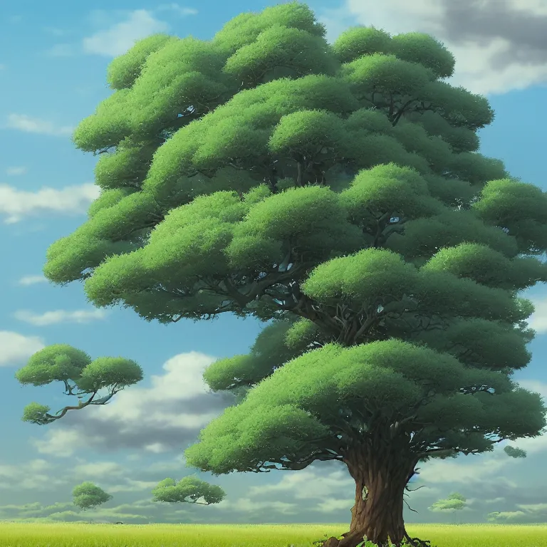 Image similar to a giant tree in a field with a sky background, a detailed matte painting by kaii higashiyama, cgsociety, sosaku - hanga, matte painting, anime, concept art