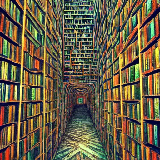 Image similar to “lost in a labyrinth that is Powell’s City of Books. Creepy liminal photo. Hyperrealistic, benchmark resolution photo in the style of Beksinski”