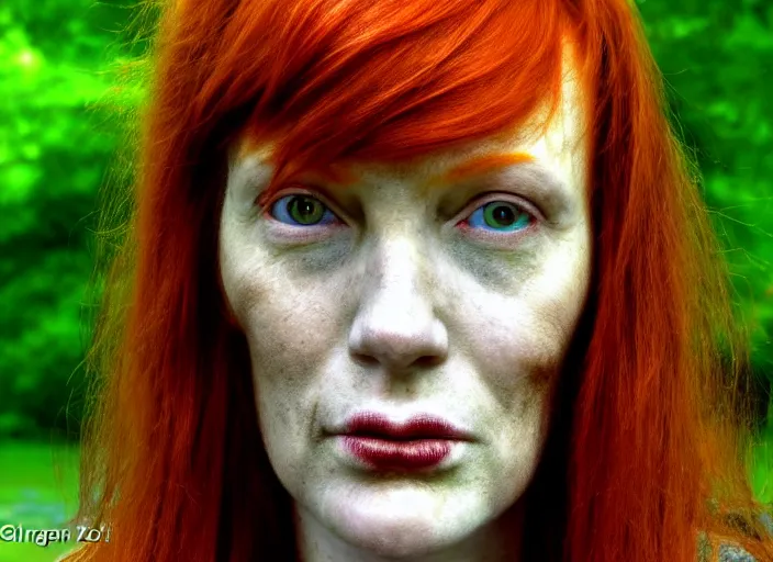 Prompt: award winning face close up portrait of a redhead in a park by hr giger