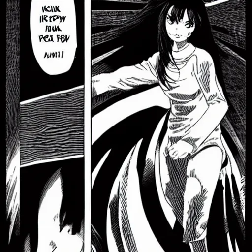 Image similar to Manga Panels, Mila Kunis summons a black spiral void from the sky by Junji Ito, Kim Jung Gi