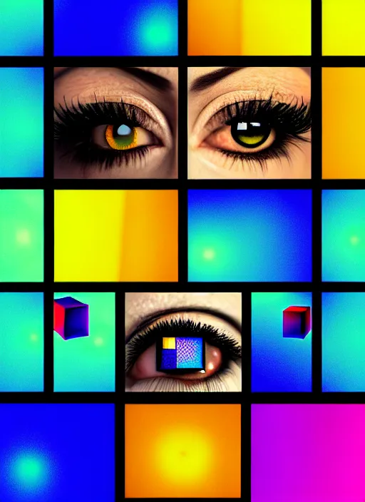 Image similar to grid montage of opticals with cube shaped iris, square shaped black dilated pupils cubes, cube shaped, detailed colored textures, lashes, advanced art, art styles mix, wet reflections in square eyecubes, sunshine light, hd macro photograph, from side, various cube eyelid positions