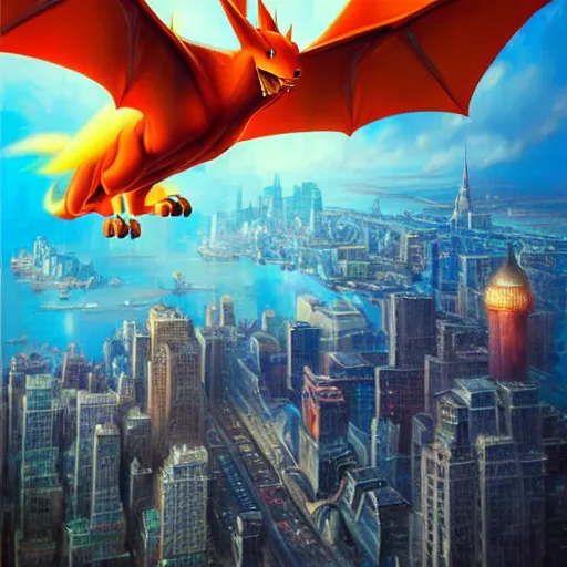 Prompt: charizard flying above new york, highly detailed matte fantasy painting, stormy lighting, by ross tran, by artgerm, by lisa frank, by brom, by peter mohrbacher