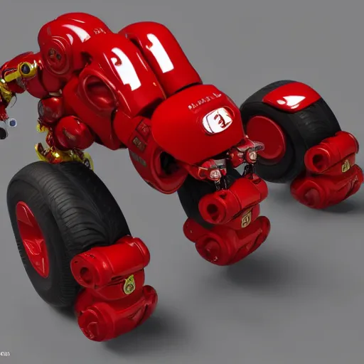 Image similar to a red robot with big tires on it's shoulders, big hands, Ferrari logo on it's chest, wearing a round helmet | unreal engine | hd | 3D model