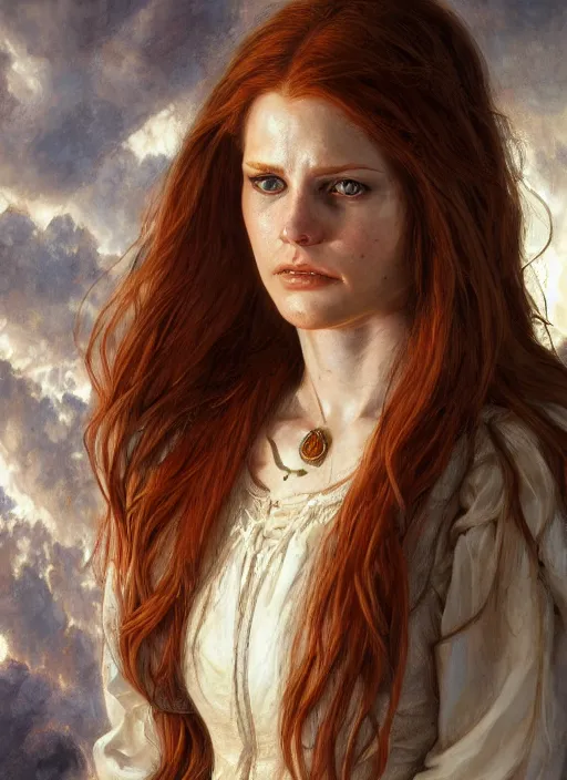 Prompt: a portrait of a white woman in her twenties, she has long orange brown hair, wearing a white shirt, medieval, style by donato giancola, wayne reynolds, jeff easley dramatic light, high detail, cinematic lighting, artstation, dungeons and dragons