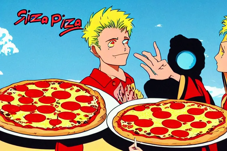 Image similar to pizza, 80s, advertisement, anime, explosion