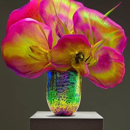 Image similar to An ultra high definition studio photograph of an alien flower in a simple vase on a plinth. The flower is multicoloured iridescent. High contrast, key light, 70mm.