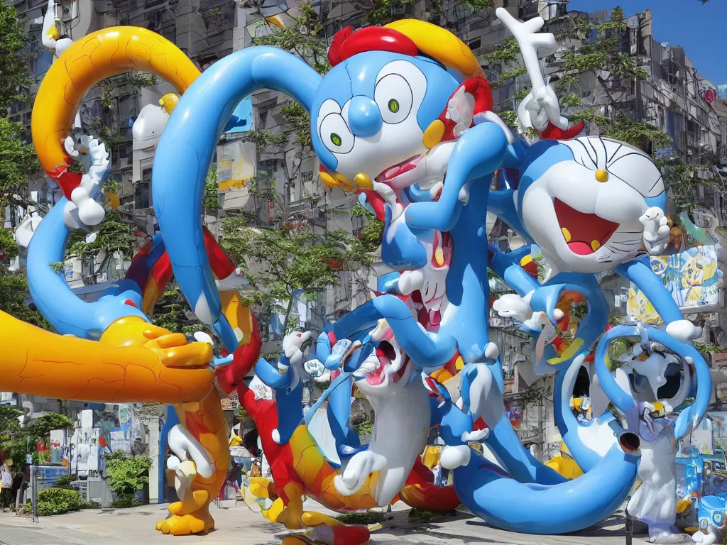 Prompt: Jeff Koon’s Doraemon Dorami Fractal Dragon statue, painted by Hajime Soryama