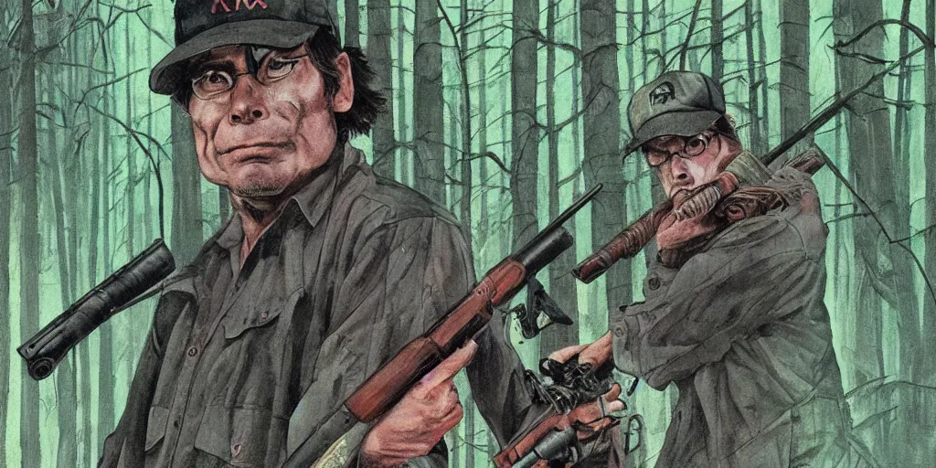 Prompt: a man with a baseball hat and a rifle in a lush dark deep forest, stephen king 1 9 8 0 s, japanese illustrator, post apocalyptic thriller