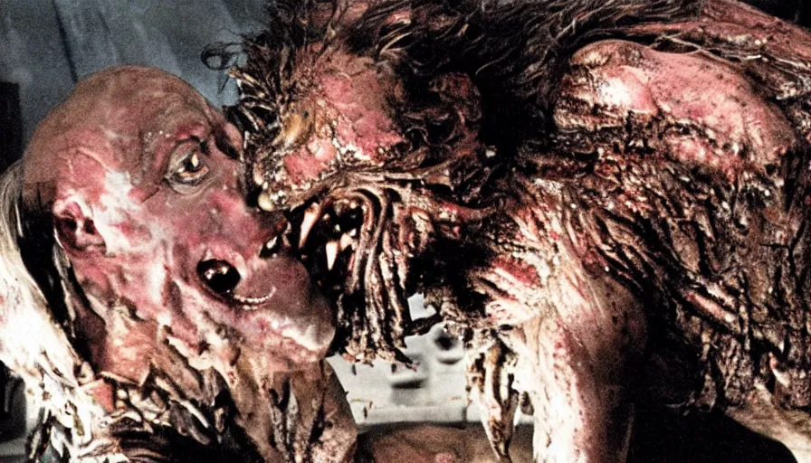 Prompt: a disgusting vile demonic monster eating a man from The Thing, kaiju by Cronenberg and visceral greg nicotero