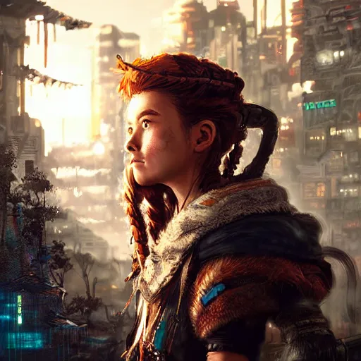 Prompt: a portrait of aloy using augmented reality by ross tran, highly detailed, cyberpunk, intricate environment, atmospheric lighting - n 9