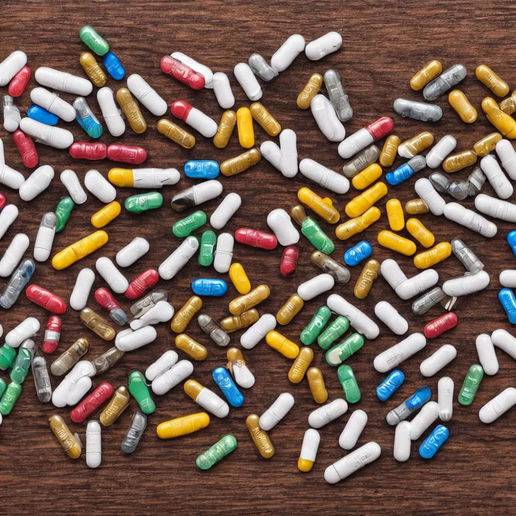 Image similar to close-up view of medicine pills on top of a wooden table, 8k, high detail, photorealistic, proper shading