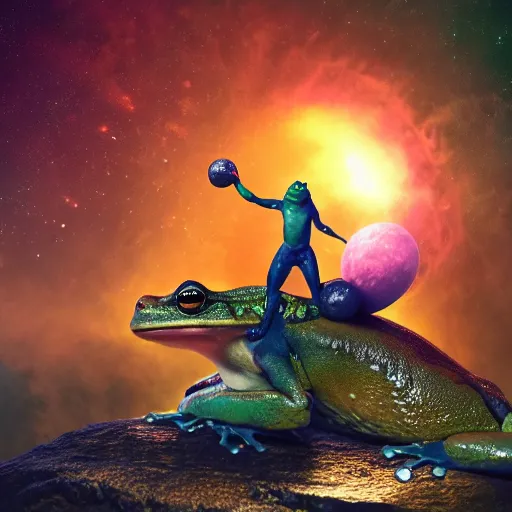 Image similar to a frog solider with muscles standing on two feet and lifting a planet, cinematic lightning, 8 k, octane, digital art, matte painting, vivid colors