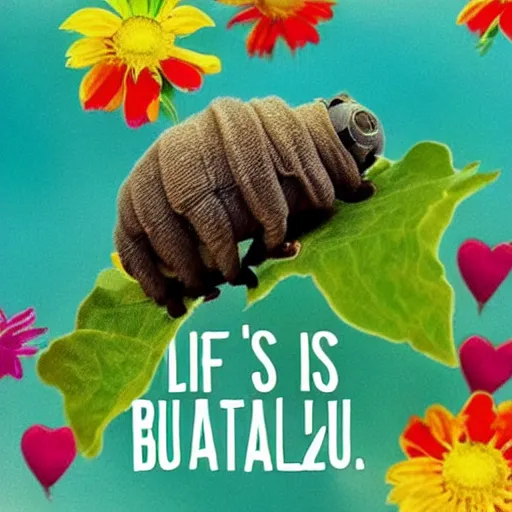 Image similar to “life is beautiful” inspirational poster with a happy tardigrade