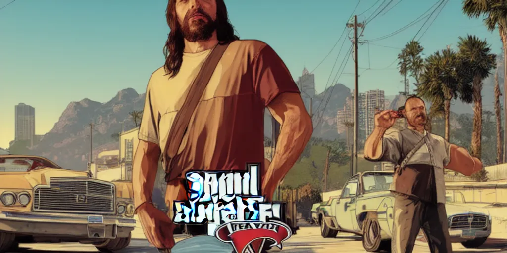 Prompt: jesus christ in gta v, cover art by stephen bliss, boxart, loading screen, 8 k resolution