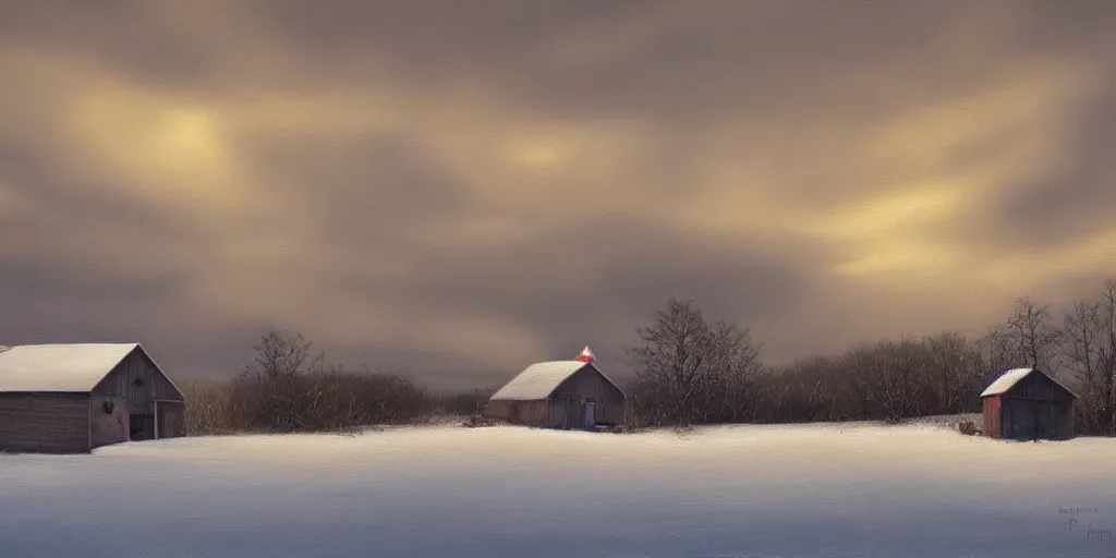 Prompt: a barn in the morning sun, ominous sky, winter, snow, countryside, peter sculthorpe, painting, artstation