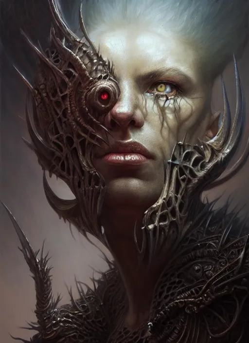 Image similar to closeup portrait shot of a demon in dungeon in a scenic dystopian environment, intricate, elegant, highly detailed, centered, digital painting, artstation, concept art, smooth, sharp focus, illustration, artgerm, tomasz alen kopera, peter mohrbacher, donato giancola, joseph christian leyendecker, wlop, boris vallejo