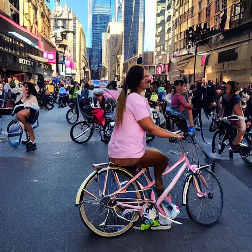 Prompt: unicorn riding on bikes in the city