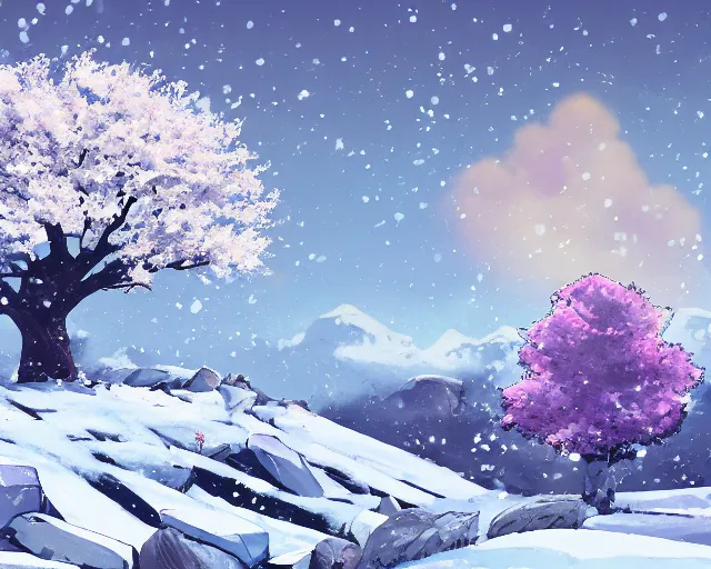 Image similar to snowy rocky field with a sakura tree, petals, cloudy, moodly lighting, snow in wind, illustration, by pine ( ハイネ ) and 薯 子 imoko and 香 川 悠 作 and wlop and maya takamura, highly detailed, trending artstation, pixiv, digital art