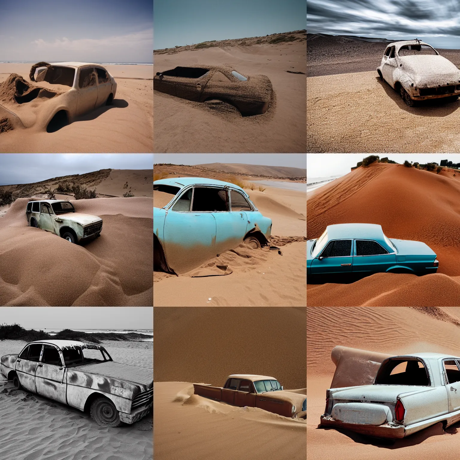 Prompt: car partially covered by sand