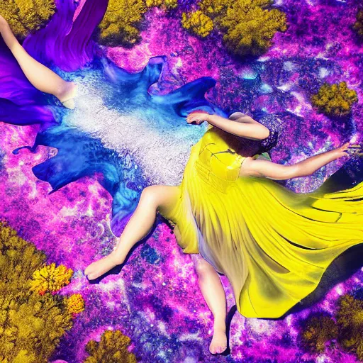 Image similar to woman dancing underwater wearing a flowing dress made of blue, magenta, and yellow seaweed, amazing corals around her, swirling silver fish, unreal engine, caustics lighting from above, cinematic