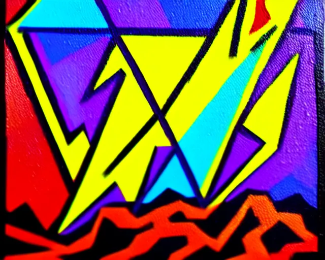 Prompt: Oil painting of a wizard on death mountain. Layered colorful magic spells in guernica style. Neon geometric geometric inks artwork. Elemental envelopment of the arcane master mage's ritual