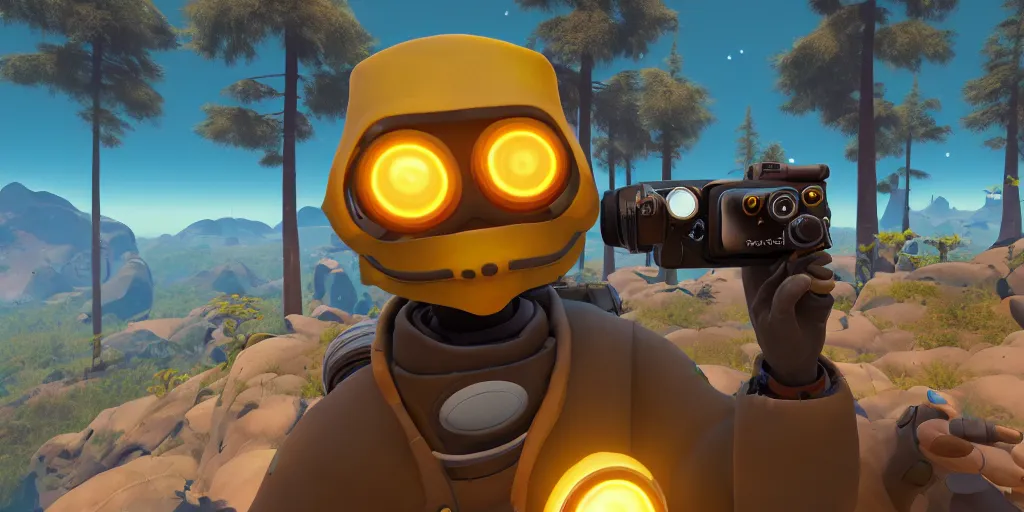 Image similar to selfie of a outer wilds character holding a camera, outer wilds screenshot, unreal engine, digital art