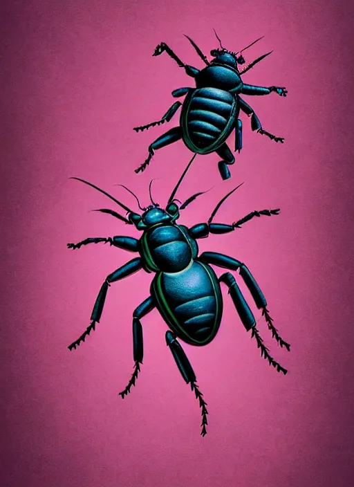 Prompt: caricature picture of a human beetle, pink insects, professionally color graded, interesting angle, sharp focus, 8 k high definition, insanely detailed, intricate, funny, art by jacob shaw and studio ghibli