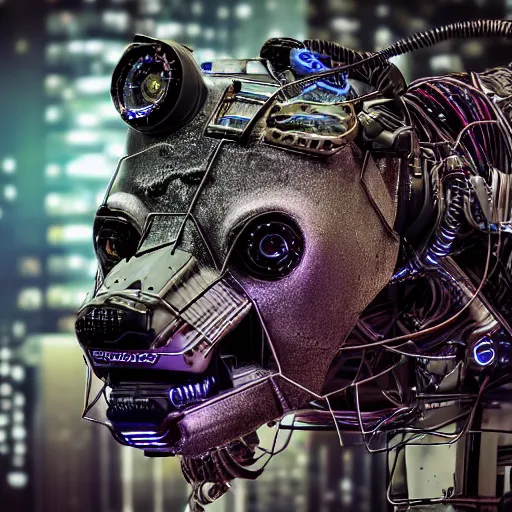 Image similar to robotic cyberpunk hyena, many wires and metal exposed, realistic photo, bladerunner