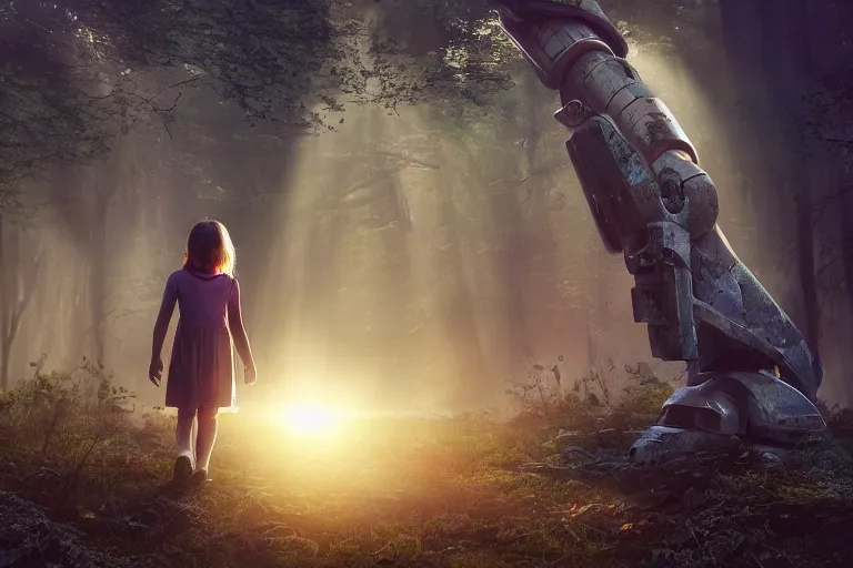 Image similar to the great beyond, sci - fi scene future new york, little girl holding a hand of a big robot, forest punk, crepuscular rays, epic scene, hyper realistic, photo realistic, overgrowth, cinematic atmosphere, ethereal lighting