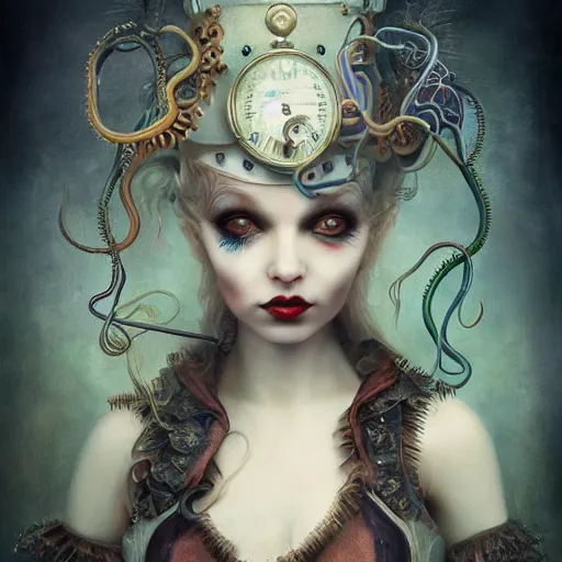 Prompt: photorealistic soft paint of a curiosities carnival, single young beautiful doll in a full steampunk corset, multiples very long tentacles ground, symmetry accurate features, ominous depths, elegance, focus, rainbow lighting, very high details, award winning masterpiece, behance, by tom bagshaw