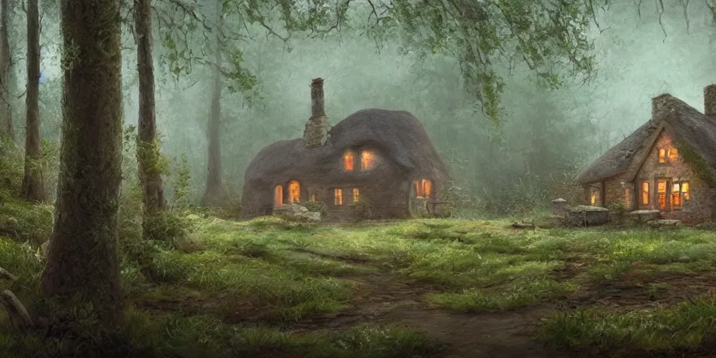 Image similar to a painting of a cottage in the woods and empty woods, 8k, fantasy, hyper realistic, atmospheric, cinematic