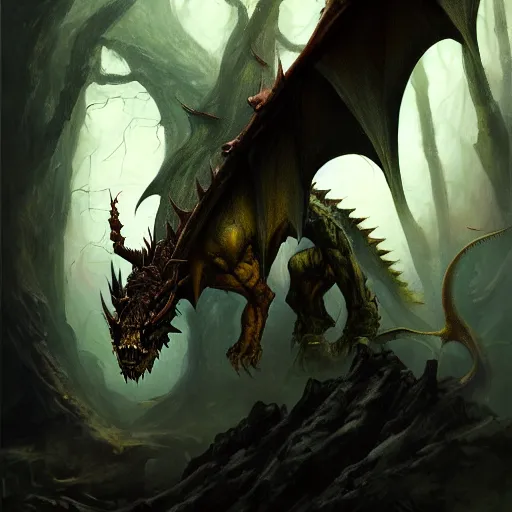 Image similar to oil painting of dragon forest, dnd character, fantasy, realistic textured skin, vampire bat head, glowing eyes, sharp focus, artgem, boris valejo, frank frazetta, heavy metal style, trending on artstation, digital painting, julie bell, beautiful, very detailed,