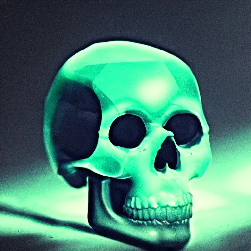 Prompt: glowing obsidian skull in a night jungle underwater