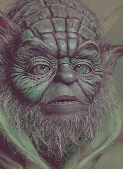Image similar to a highly detailed portrait of Yoda on a bad drug trip, drugs and alcohol littered everywhere, dizzy, trippy, artstation, cgsociety, very detailed, intricate, detailed illustration, by artgerm and greg rutkowski and alphonse mucha, sharp, smooth, masterpiece