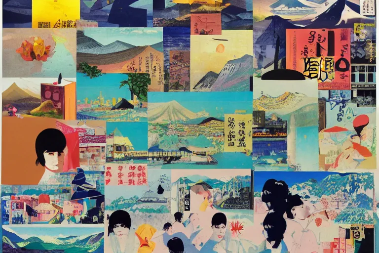 Image similar to award winning graphic design poster, photocollage art depicting a variety of japan travel, beauty, tastes, crafts and more, photocollage painting by National Geographic, Hannah Hoch and David Hockney