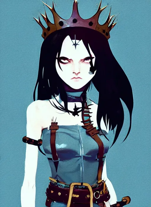 Image similar to cute goth maiden girl with crown of thorns and white short hairs, dressed in leather belts, warhammer, cyberpunk, by atey ghailan, by greg rutkowski, by greg tocchini, by james gilleard, by joe gb fenton, by kaethe butcher, dynamic lighting, gradient light blue, brown, blonde cream and white color in scheme, grunge aesthetic